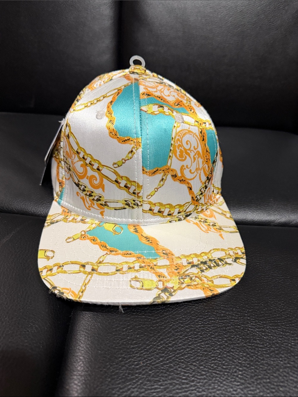 Cream and Turquoise Chain-Print Baseball Cap